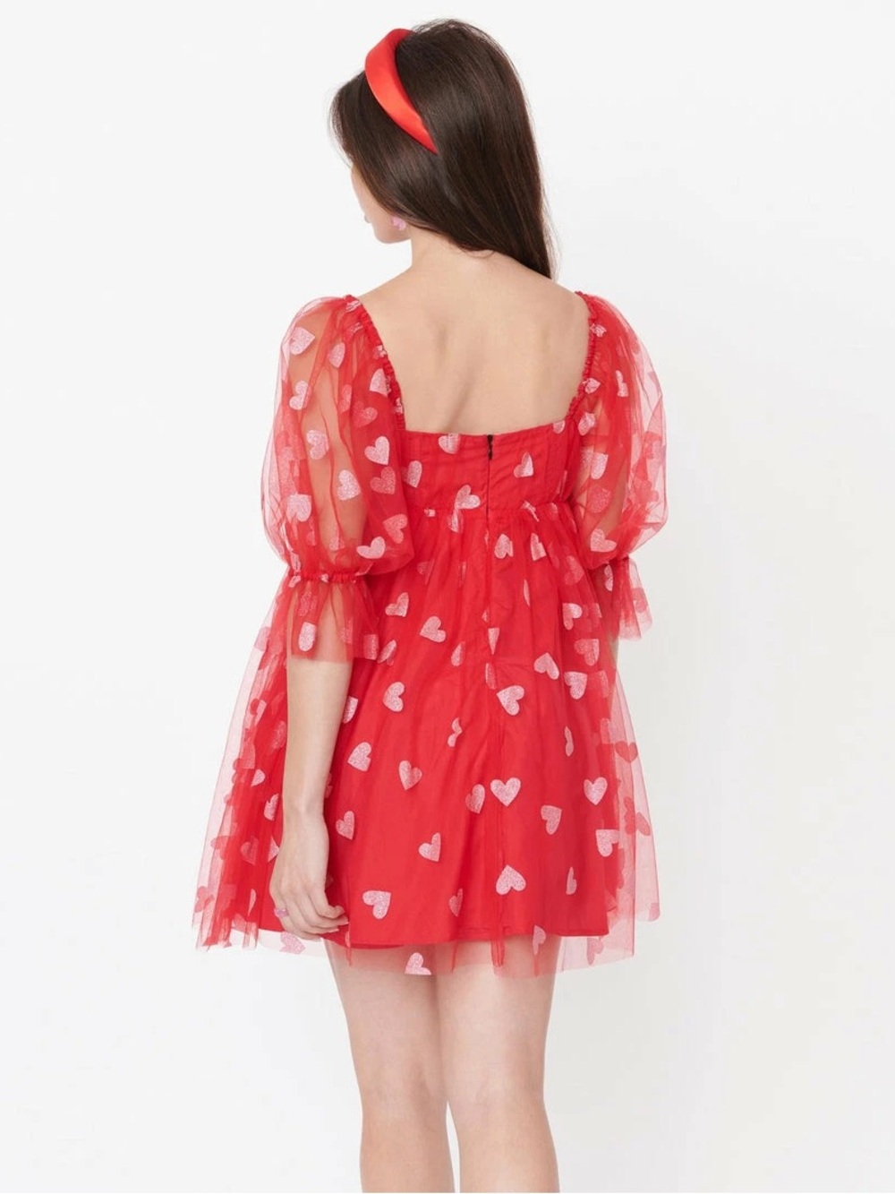 Red Heart-Print Mini Dress - Feminine Puff Sleeve Style - Picture 2 of 12
